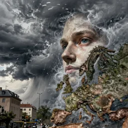 photograph of severe weather storms across Europe, architecture, detailed face, highly detailed, cinematic lighting, urban art style, climate change, digital art painting by greg rutkowski, cinematic, concept art, 35mm grain filter