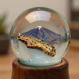 beautiful colorful photograph of a detailed miniature of tenerife island inside a glass snow ball. stock photo. depth of field. studio lighting. reflections. wood. cozy. teide. maquette. tilt shift. by emmanuel lubezki
