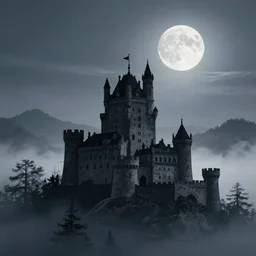 highly detailed, silhouette of a castle on misty mountains, beautiful, calm, full moon, digital art