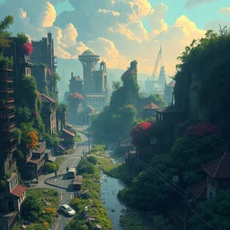 a stylized 2 d cinematic keyframe of a post - apocalyptic city covered by nature roads seen from above debris, abandoned, vibrant tones, joy gaze, cel - shaded, classical animation, edge - to - edge print, rendered by studio ghibli, artgerm, alyssa monks, andreas rocha, david kassan, neil blevins, rule of thirds, golden ratio, ambient lighting,