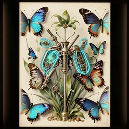vintage botanical poster of mechanical neon butterflies, extremely detailed, very intricate