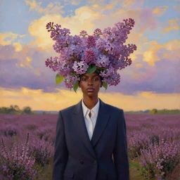portrait, giant lilac flower as a head, black woman in suit in heather field, surreal photography, golden hour, colorful clouds, impressionist painting, digital painting, artstation, simon stalenhag