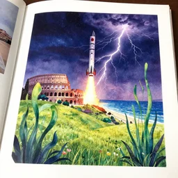 low angle, art magazine cut out collage, surrealist lights, psychedelic water colors, grassy hills background, roman city with a beach, night with thunder and lightning, aquatic plants 🪴, space rocket 🚀 take off