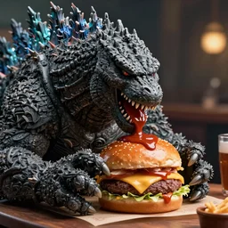 godzilla eating a cheeseburger, sauce running down his chin