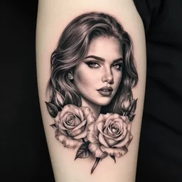 double exposure tattoo design sketch of isabelledeltore with beautiful roses, realism tattoo, in the style of matteo pasqualin, amazing detail, sharp