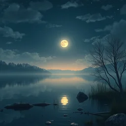 the gentle moonlight at night fell on the calm lake, unreal engine, ultra hd, highly detailed by shinkai makoto, trending on art - station