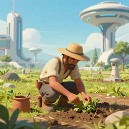 a farmer working in a futuristic world, digital art, trending on artstation