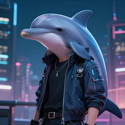 beautiful portrait commission of a male anthro dolphin-headed character with a fin wearing cyberpunk clothes. Cyberpunk city at night
