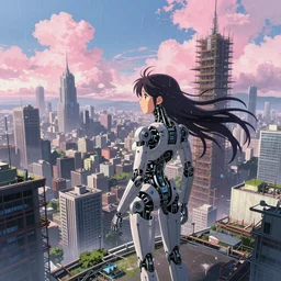 android mechanical cyborg anime girl overlooking overcrowded urban dystopia. long flowing hair. scaffolding. pink pastel clouds. gigantic future city. raining. makoto shinkai. wide angle. distant shot.