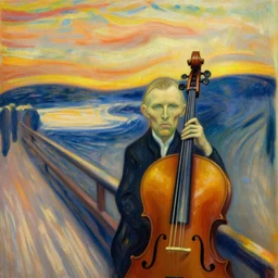 a man wearing cello suit, concept art, cinematic, detailed, canvas, oil paint, cinematic, artwork by edvard munch
