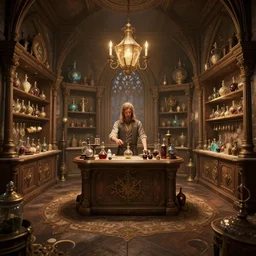 inside a magical item shop, fantasy potion vendor interior, ufotable studio art style, wide angle, gothic interior, unreal enngine ,8K