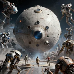digital art of voyager 2 being inspected by a spacefaring race of mechanical beings, vast scale, dwarfed by emensity, incredibly detailed, space! machines!