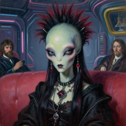 close up portrait of a punk goth alien martian girl on a sofa in a futuristic retrowave room by david lachapelle, oil painting by canaletto hieronymus bosh leonardo da vinci piero della francesca botticelli rex whistler