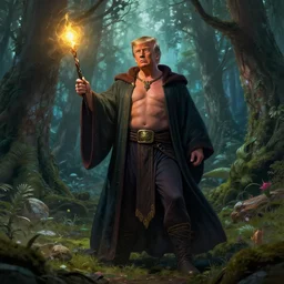 donald trump as a wizard druid in a forest landscape, magic wand, full body shot, shirtless revealing muscles, concept art, fine detail, dramatic lighting, vivid colour