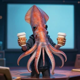 a giant squid giving a ted - talk!!!!!!!!!!!! holding a cup of coffee, 4 k, 3 5 mm, bokeh