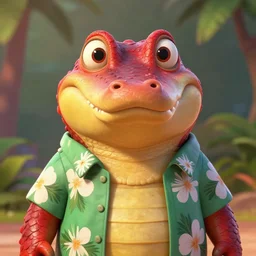 in the style of artgerm, loish and pixar, anthropomorphic alligator, symmetrical face, symmetrical eyes, red scales on his back, yellow scale on his belly and chest, male, waring a hawaiian shirt, in the style of zootopia, hd, 4 k, high definition background