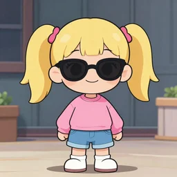 cartoon of a little blonde girl with pigtails in jean shorts, sunglasses, and a pink sweatshirt