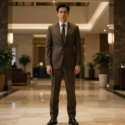 a man wearing a brown suit in a lobby, cinematic, dramatic lighting, 3 5 mm lens