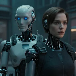 vfx film closeup photojournalism, humanoid cyborg robot detective couple squad in blade runner 2 0 4 9 slums, flat color profile, low - key lighting, award winning photography, arri alexa cinematography, hyper real photorealistic cinematic, atmospheric cool colorgrade