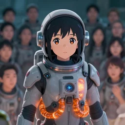 character concept of a girl wearing a futuristic grey astronaut suit with orange glowing liquid pipes in the chest of her suit. coherent face, cute button anime button eyes. vibrant colors, soft lighting, adventurous, atmospheric lighting, 8 k, octane render. by makoto shinkai, stanley artgerm lau, wlop, rossdraws, james jean, andrei riabovitchev, marc simonetti, krenz cushart, sakimichan, d & d trending on artstation, digital art.