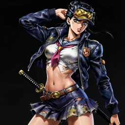 portrait of a beautiful! alluring anime woman wearing a 2 0 3 0's stained dirty torn japanese school uniform, gorgeous face, leather bomber jacket, katana scabbard, realistic, hyper detailed, dynamic action poses, concept art, jojo's bizarre adventure, in style of hirohito araki, chiaroscuro, anime aesthetic
