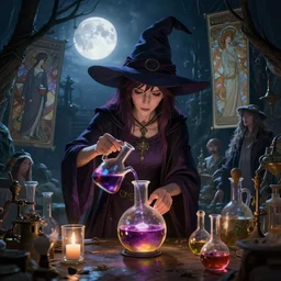 highly detailed vfx portrait of a witch, brewing a witchcraft potion, moonlight, unreal engine, greg rutkowski, only, once, people, makoto shinkai and louis van baerle, ilya kuvshinov, rossdraws, tom bagshaw, alphonse mucha, global lighting, detailed and confusing environment
