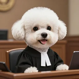 a closeup photorealistic illustration of a smiling white bichon frise judge wearing a black gown at the bench and commanding the courthouse. this 4 k hd image is trending on artstation, featured on behance, well - rendered, extra crisp, features intricate detail, epic composition and the style of unreal engine.