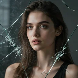 photorealistic woman behind cracked glass, stunning detail, hyperreal rendering, octane render, highly detailed, cinematography atmosphere, dramatic, 4 k