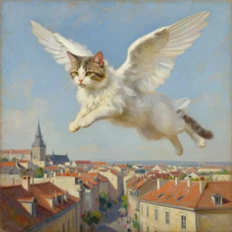 painting of an angelic cat hovering above a 1 5 0 0's european city by lilia alvarado