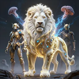 3 d portrait of an anthropomorphic albino lion with hyperdimensional mycorrhizal fungal implants. beautiful intricately detailed alchemical retrowave golden armor. glowing bio luminescent outline, storm, pulse projections, plasma, creature, artwork by tooth wu and wlop and android jones and beetle and greg rutkowsk