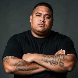 fat dark skinned half samoan half white drug dealer covered in tattoos, wearing a black shirt photo