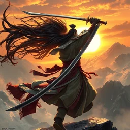 male warrior with greatsword dancing in the wind, majestic attire, kimono, long black hair, art by artgerm, greg rutkowski, inoue takehiko, fromsoftware concept art, dark souls cover art, oriental aesthetic, chinese warrior from warring states period, mountain environment on sunset art