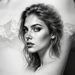 tattoo design sketch of an extremely beautiful woman face, faded background of beautiful mountains on her side, hyper - realistic, double exposure effect, in the style of matteo pasqualin, amazing detail, black and white, faded