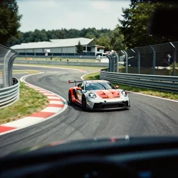 car race overtaking at the nurburgring, 7 0 s film grain, decoloration, onboard cam