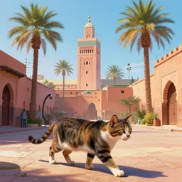 cat travels through marrakech streets, morocco, palm trees, mosque, vaporwave, highly detailed, digital painting, artstation, concept art, smooth, sharp focus, illustration, art by artgerm and greg rutkowski and alphonse mucha
