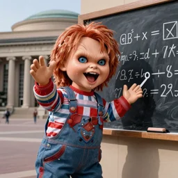 screaming chucky doll doing math on chalkboard at mit