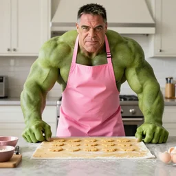 Hulk Hogan baking cookies with a pink apron