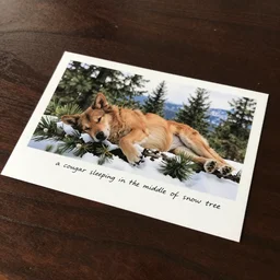 ripped up apostcard showing 'a cougar sleeping in the middle of snowy pine tree' laying on coffee table, zoomed out shot, HD, iphone capture