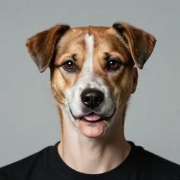 realistic studio portrait, a blend of a human face with a dog face, dog human hybrid, in the style of annie leibovitz