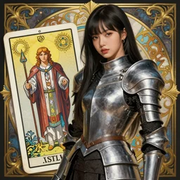 lalisa manoban of blackpink, knight armor, tarot card, highly detailed, digital painting, smooth, sharp focus, illustration, ultra realistic, 8 k, art by artgerm and alphonse mucha
