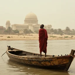 movie still by djibril diop mambety of a man in red drapery in a blood barque on a river next to a neoclassical spherical city in the desert, leica sl 2 5 0 mm, heavy grain, high quality, high detail, foggy, mud
