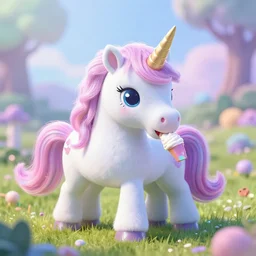 an ultra high definition telephoto pastel coloured wildlife photograph of a magic unicorn eating an ice cream in a magical field. refraction, volumetric lighting iridescence.