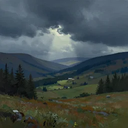 stormy summer night in the highlands. gouache, limited palette, concept art, backlighting.