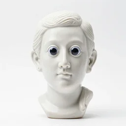 ancient classic white porcelain statue with googly eyes, white background