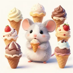 a colorful detailed artwork of a tiny cute fluffy mouse with ice creams of many different flavors, trending on artstation