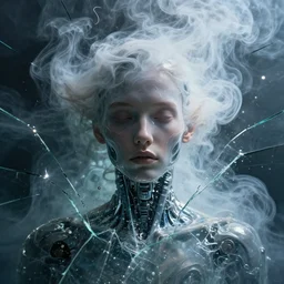 artificial consciousness, delirium, chaotic storm of twisting liquid smoke, robot portrait, by tom whalen, dan mumford, liam brazier, peter mohrbacher, shattered glass, bubbly underwater scenery, radiant light