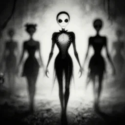 la marche harmonique, dakr abstract blurry black and white disturbing old photograph full of mysterious black silhouettes, tim burton