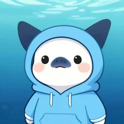 A high resolution anime-style cute art profile picture headshot of an anthropomorphic manta ray wearing a light blue hoodie standing in front of an ocean background