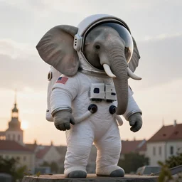 giant elephant wearing white american spacesuit with oversized giant helmet as astronaut animal, in legnica, sunrise, overcast bokeh, cctv - c 1 5