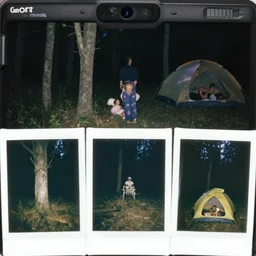 paranormal trailcam footage with flash, polaroid photos, strange creatures, people in a tent, no sun